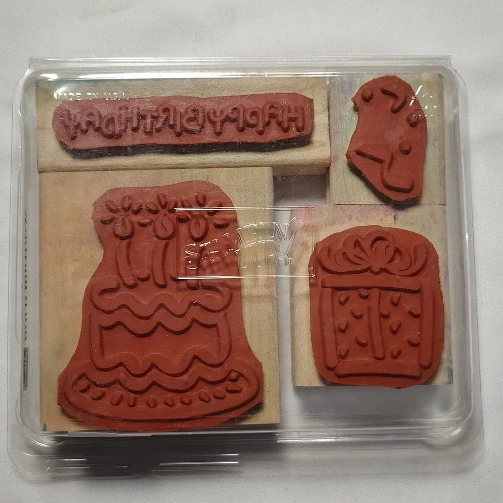 Vintage Stampin Up Bold Birthday Wood‎ Mount Stamp Set Retired 1995 4 Pieces